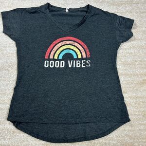 G Supply T-Shirt Womens L Good Vibes Rainbow Graphic V-Neck Heather Charcoal